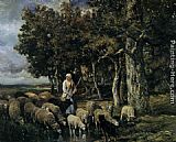 Shepherdess watering flock by Charles Emile Jacque